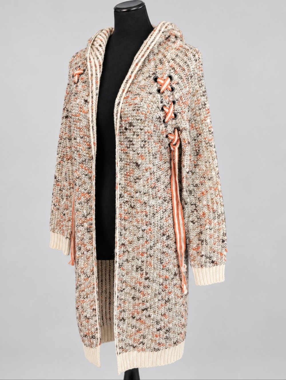 R Fashion Apparel L/XL Hooded Marled Knit Long Cardigan Duster Lace-Up Detail